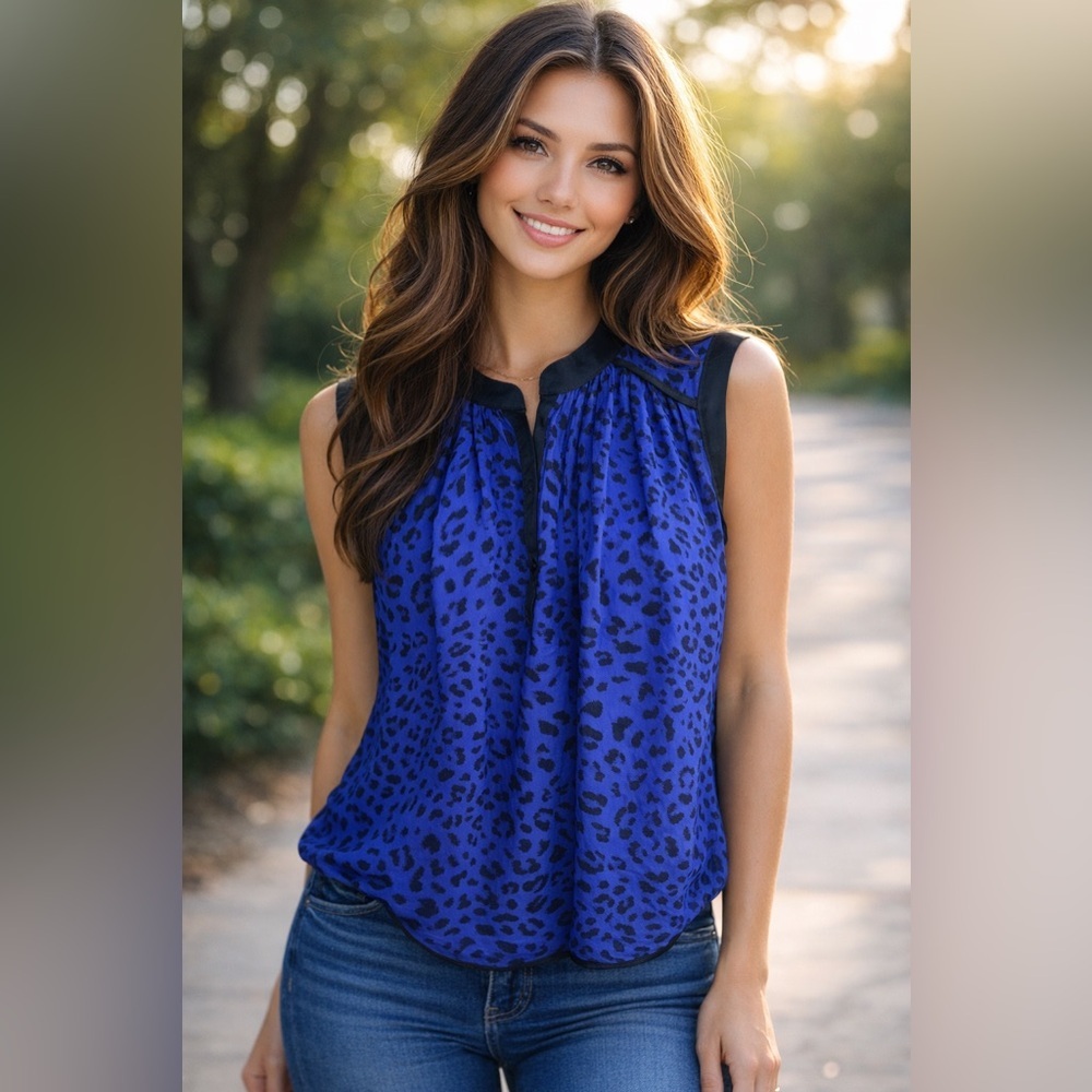 Rebecca Taylor Royal Blue Animal Print Sheer Silk Blouse Size 6